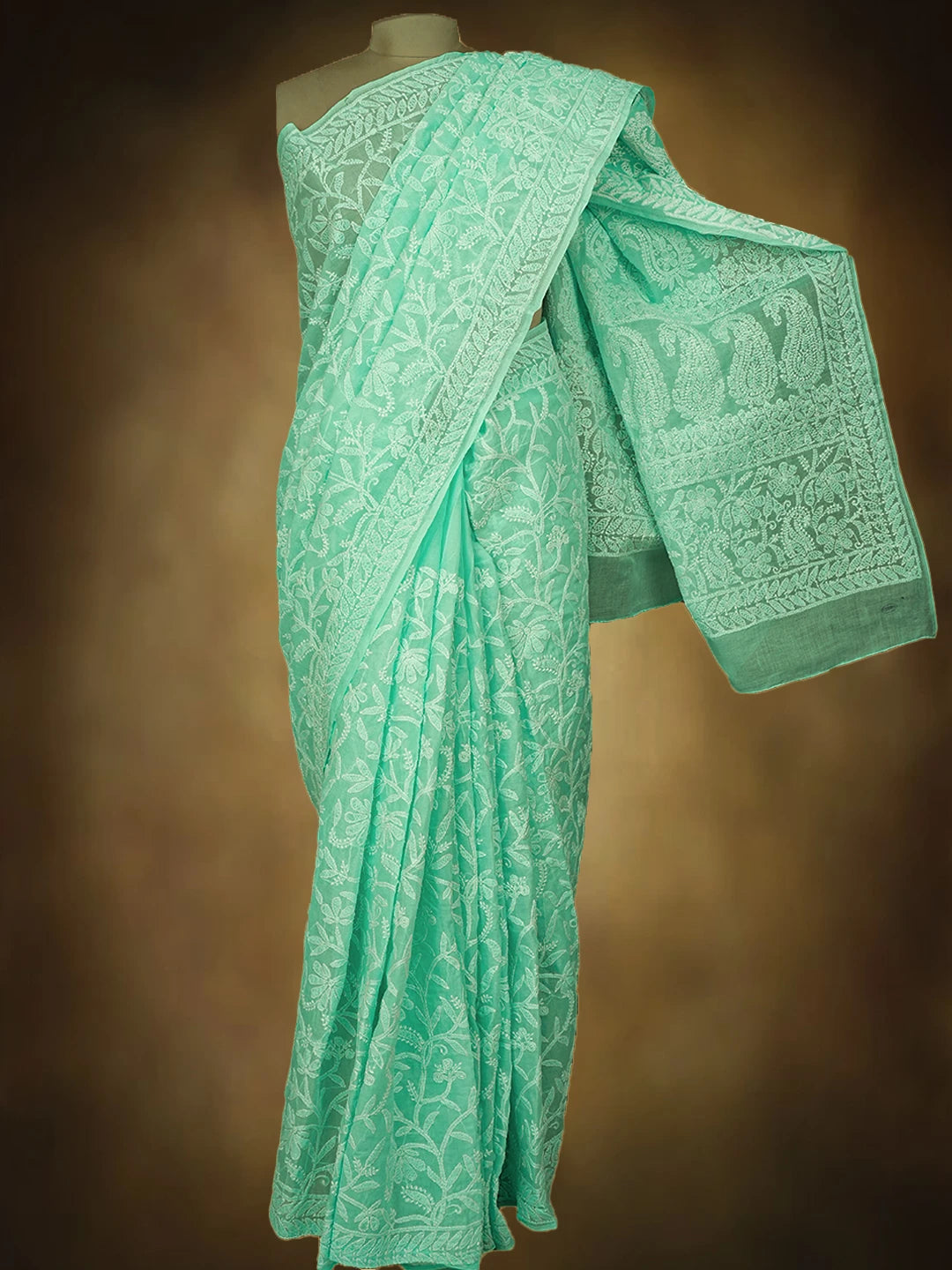 Ada Hand Embroidered Sea Green Cotton Lucknowi Chikankari Saree and Blouse 01A787673