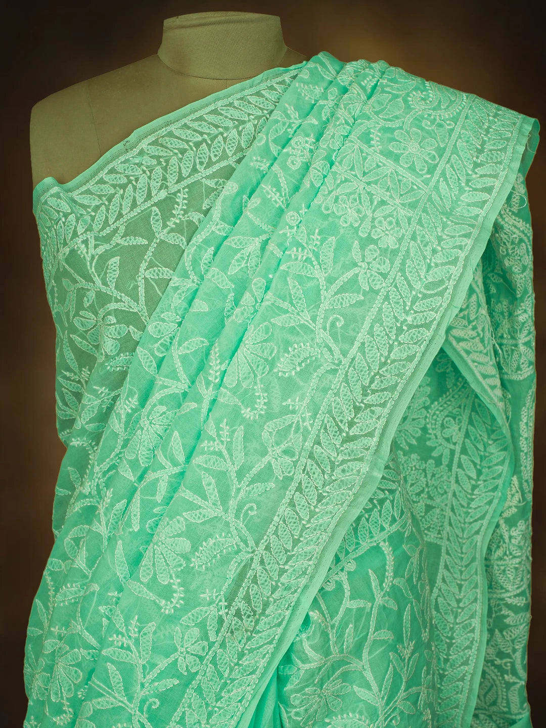 Ada Hand Embroidered Sea Green Cotton Lucknowi Chikankari Saree and Blouse 01A787673