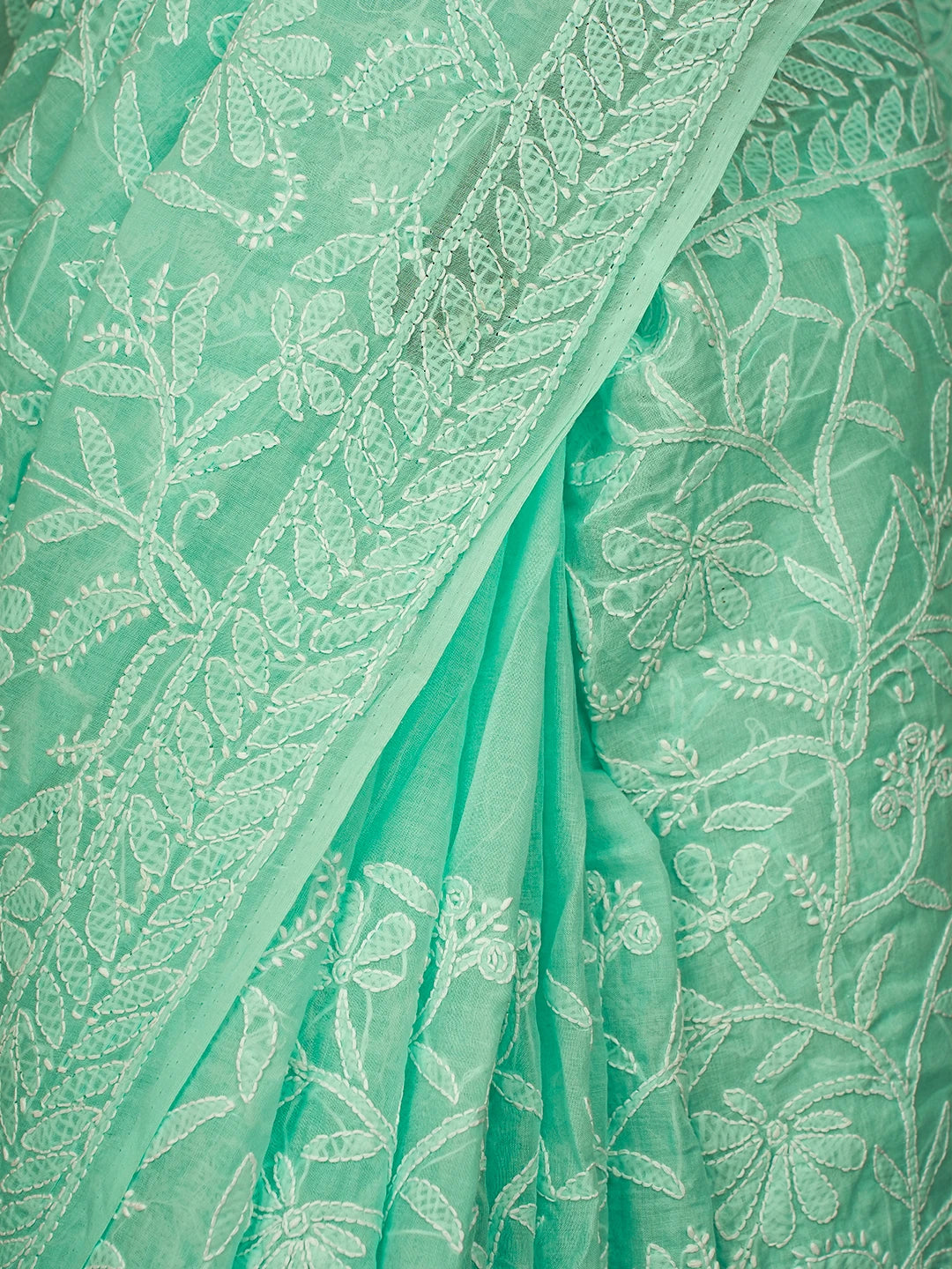 Ada Hand Embroidered Sea Green Cotton Lucknowi Chikankari Saree and Blouse 01A787673