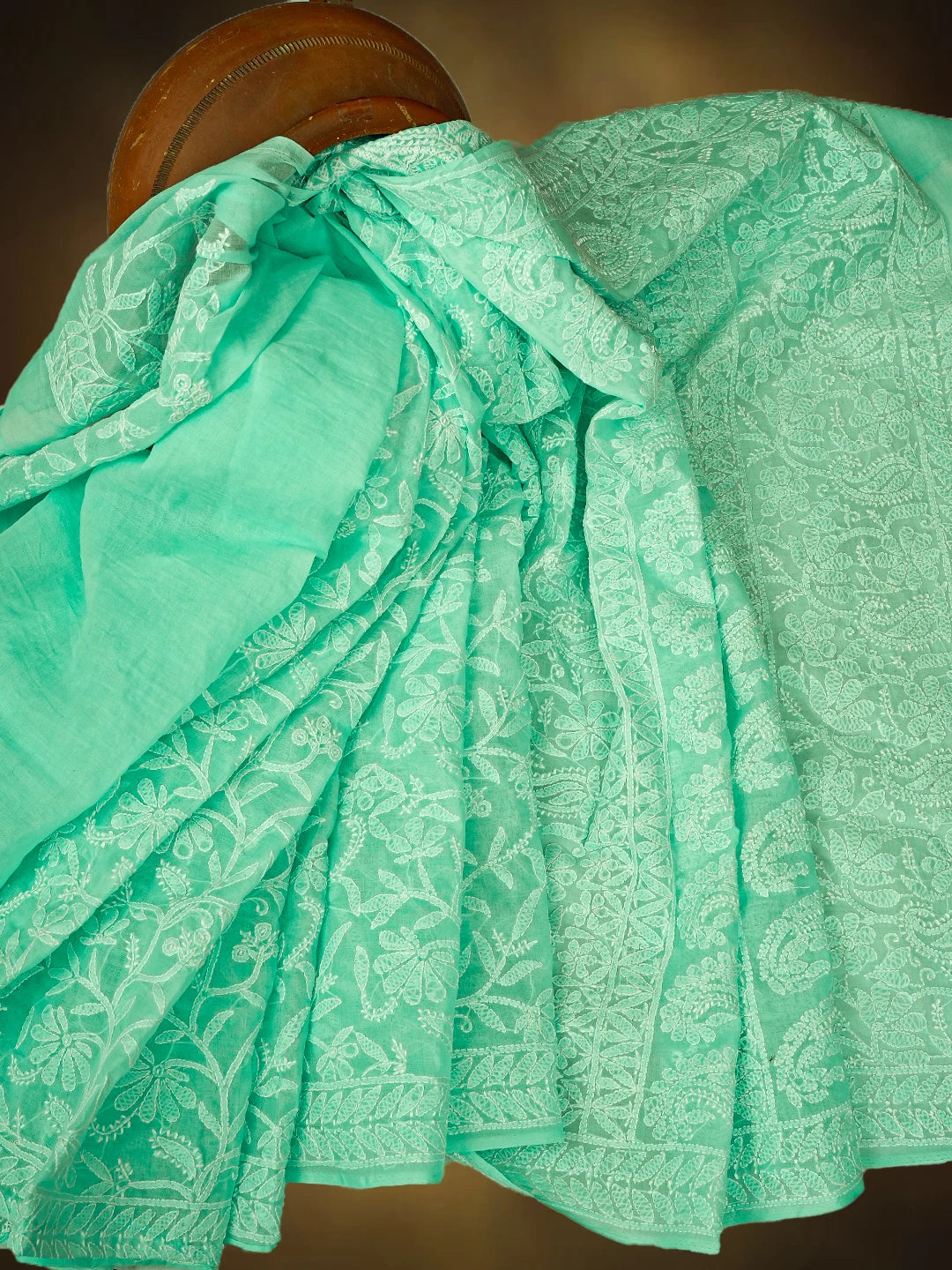 Ada Hand Embroidered Sea Green Cotton Lucknowi Chikankari Saree and Blouse 01A787673