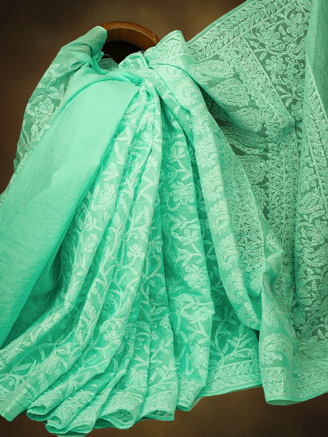 Ada Hand Embroidered Sea Green Cotton Lucknowi Chikankari Saree and Blouse 01A787673