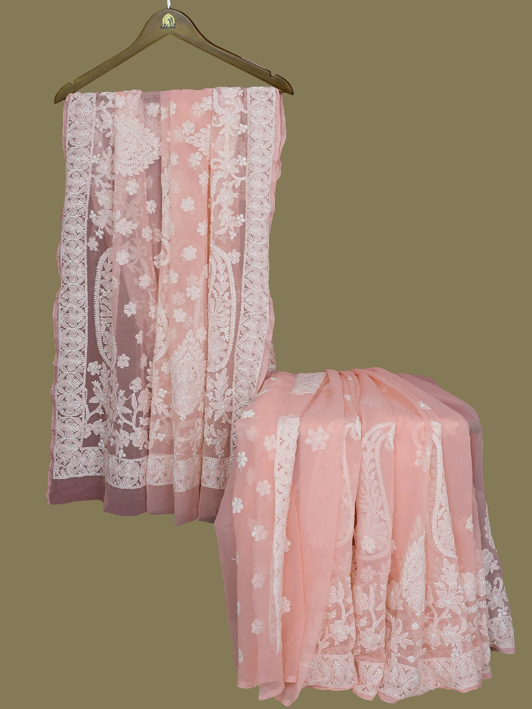 Ada Hand Embroidered Peach Georgette Lucknowi Chikankari Saree and Blouse 01A782768