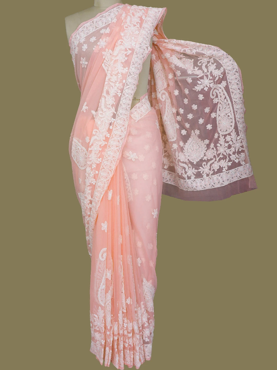 Ada Hand Embroidered Peach Georgette Lucknowi Chikankari Saree and Blouse 01A782768