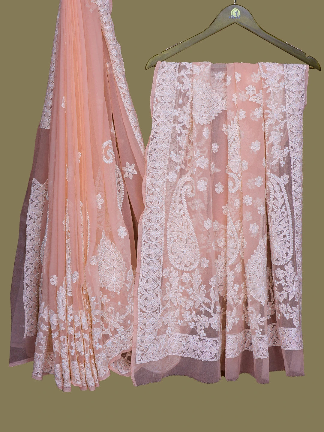 Ada Hand Embroidered Peach Georgette Lucknowi Chikankari Saree and Blouse 01A782768