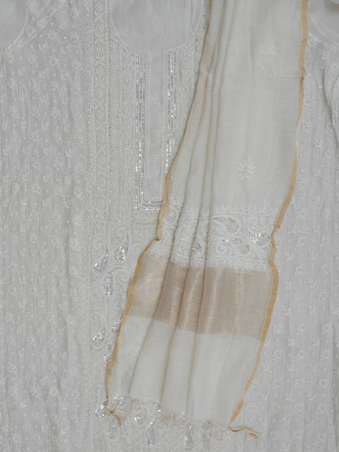 Ada Hand Embroidered Off White Chanderi Lucknowi Chikankari Semi-stitched Kurta Dupatta Set With Pearl Work 01A799451