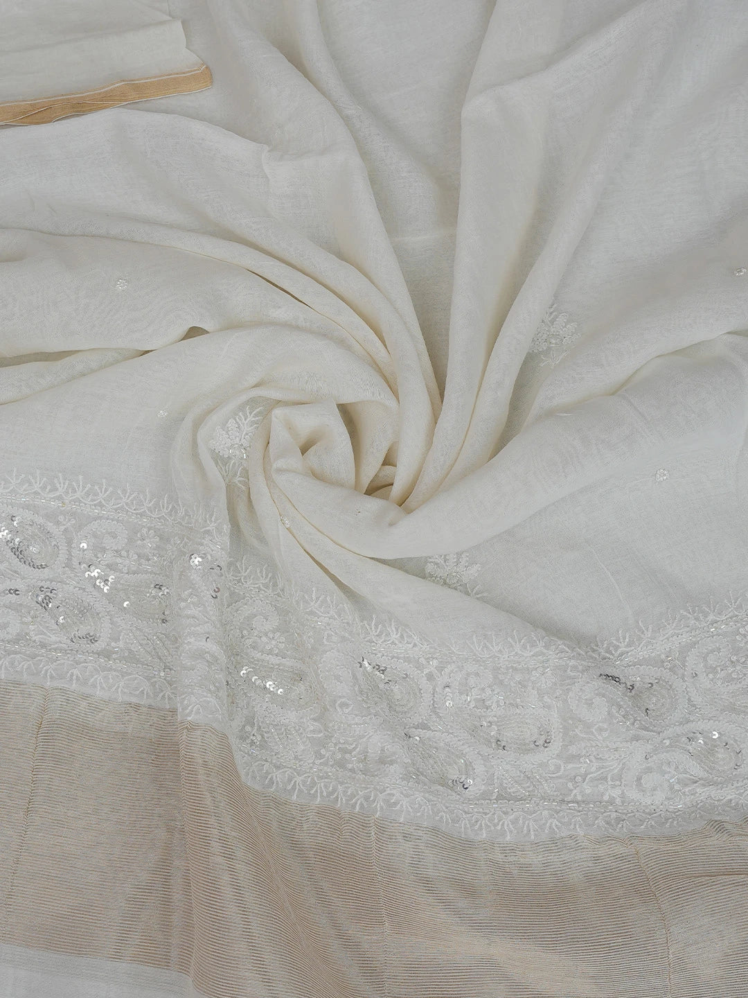 Ada Hand Embroidered Off White Chanderi Lucknowi Chikankari Semi-stitched Kurta Dupatta Set With Pearl Work 01A799451