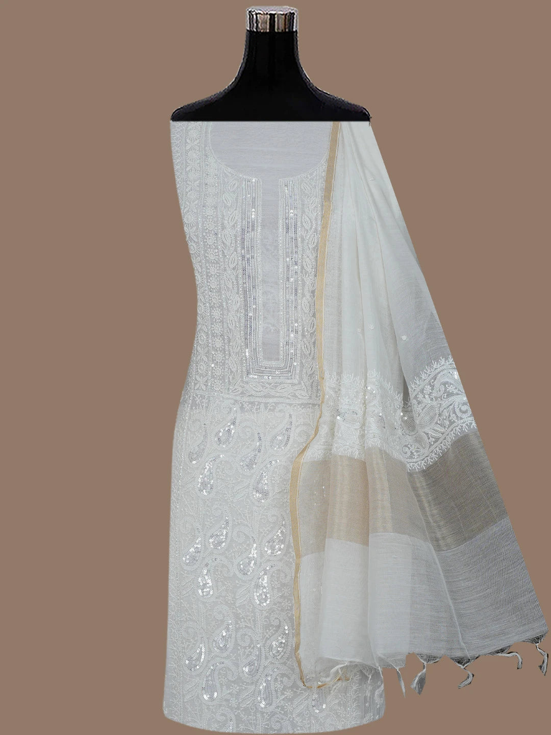 Ada Hand Embroidered Off White Chanderi Lucknowi Chikankari Semi-stitched Kurta Dupatta Set With Pearl Work 01A799451