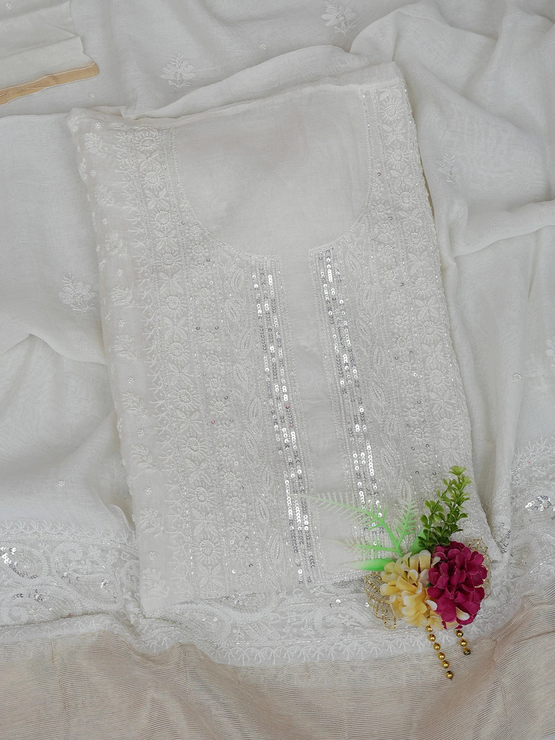 Ada Hand Embroidered Off White Chanderi Lucknowi Chikankari Semi-stitched Kurta Dupatta Set With Pearl Work 01A799451