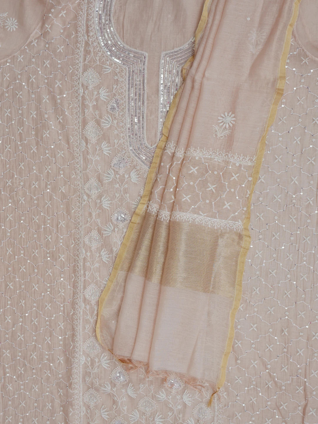 Ada Hand Embroidered Light Dusty Peach Chanderi Lucknowi Chikankari Semi-stitched Kurta Dupatta Set With Cutdana Work 01A799368