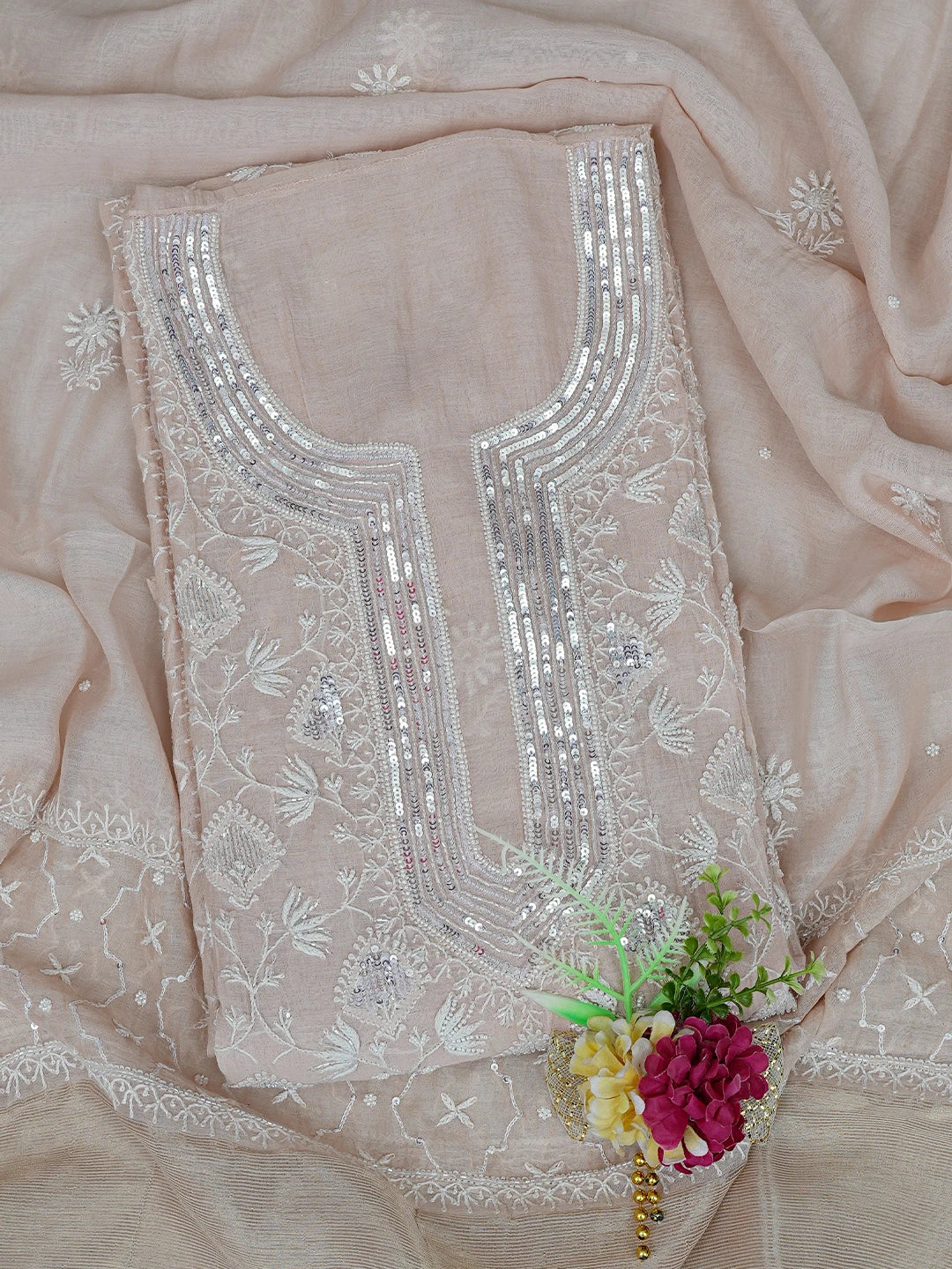 Ada Hand Embroidered Light Dusty Peach Chanderi Lucknowi Chikankari Semi-stitched Kurta Dupatta Set With Cutdana Work 01A799368