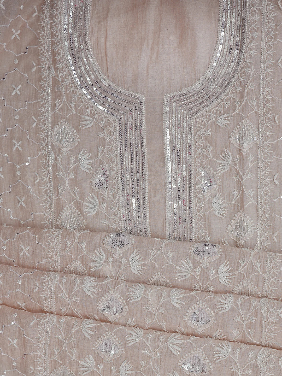 Ada Hand Embroidered Light Dusty Peach Chanderi Lucknowi Chikankari Semi-stitched Kurta Dupatta Set With Cutdana Work 01A799368