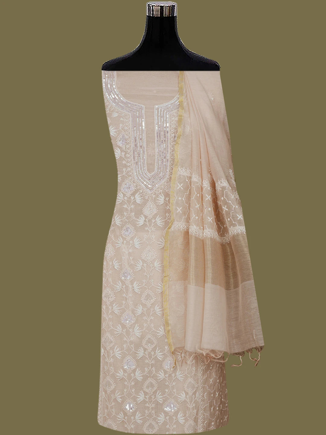 Ada Hand Embroidered Light Dusty Peach Chanderi Lucknowi Chikankari Semi-stitched Kurta Dupatta Set With Cutdana Work 01A799368