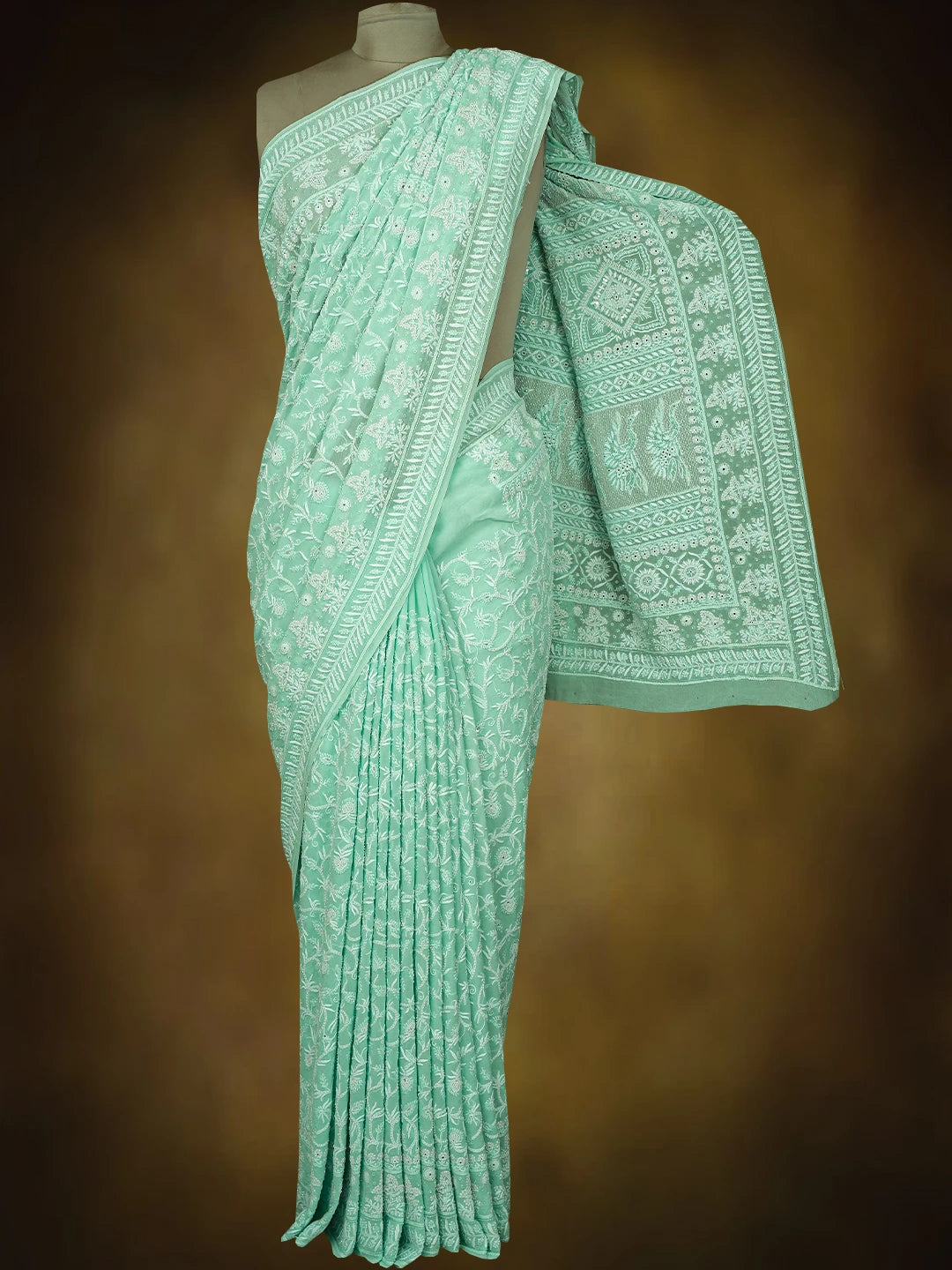 Ada Hand Embroidered Sea Green Pure Georgette Lucknowi Chikankari Saree and Blouse With Cutdana Work 01A540810