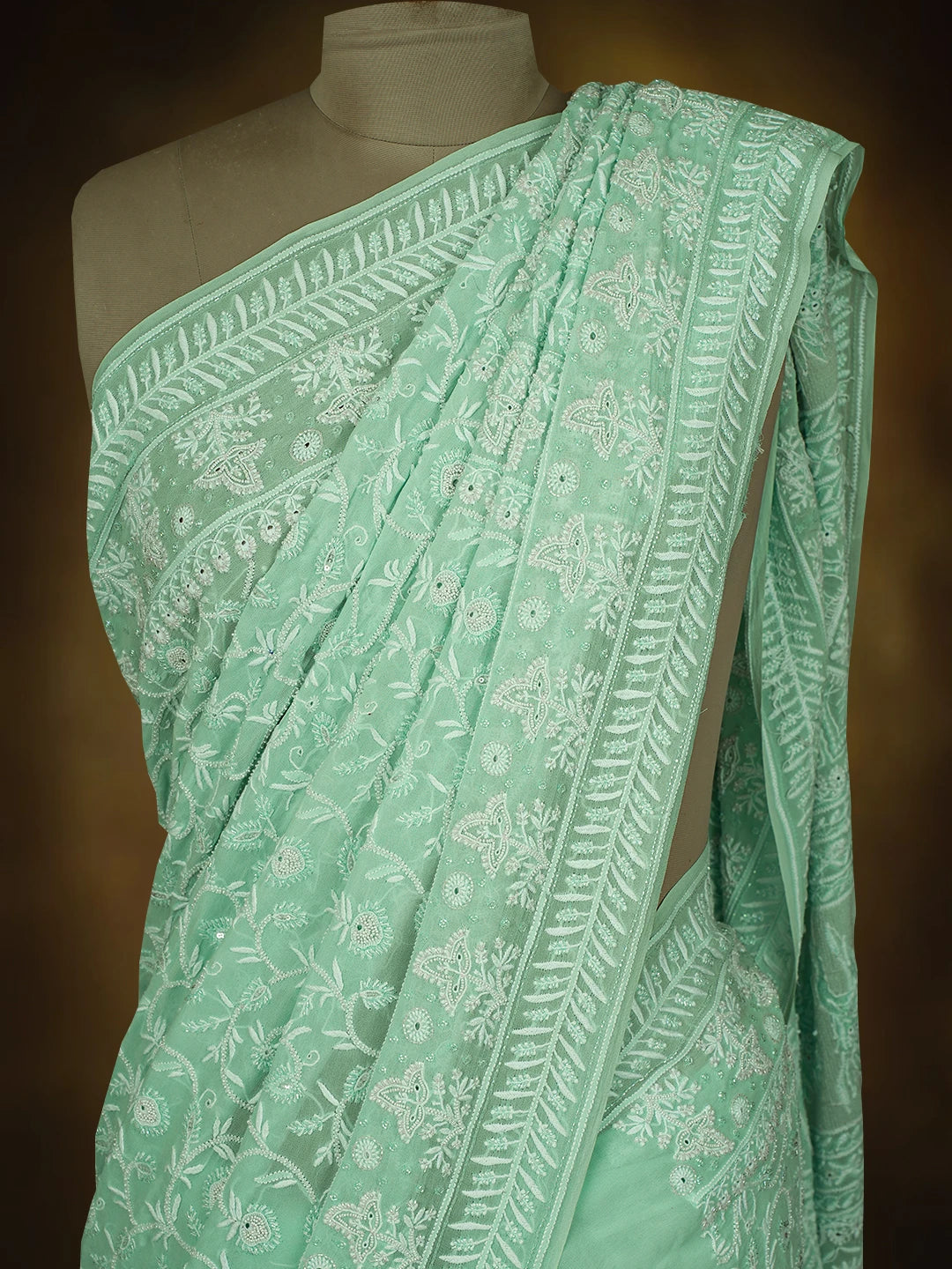 Ada Hand Embroidered Sea Green Pure Georgette Lucknowi Chikankari Saree and Blouse With Cutdana Work 01A540810