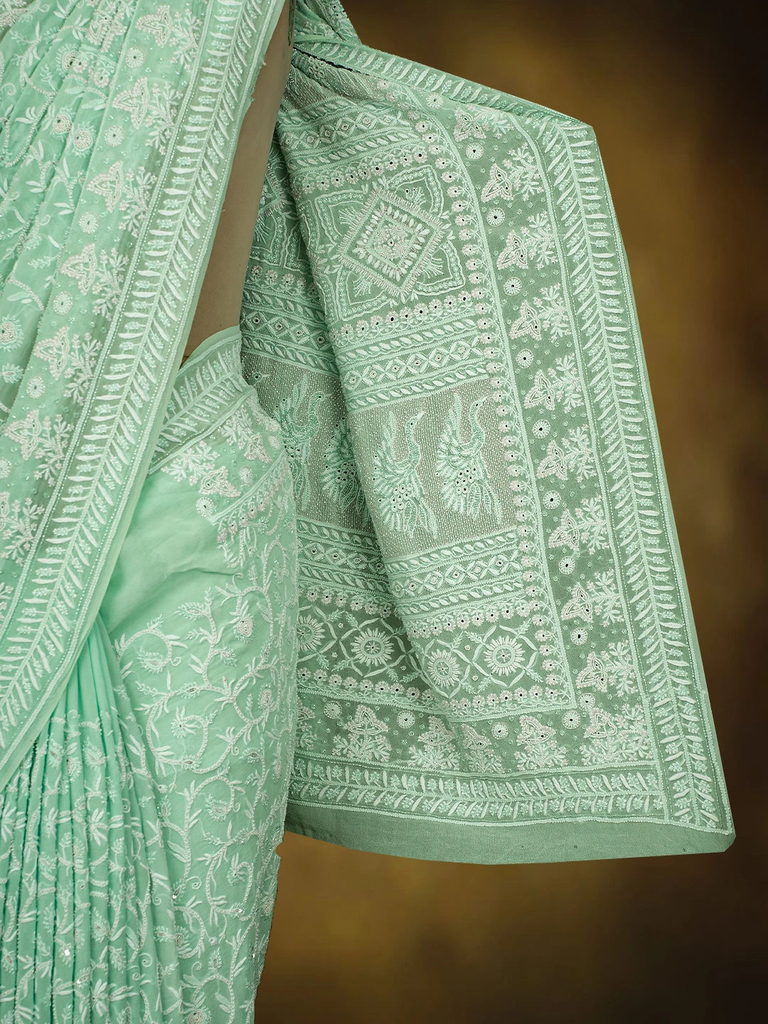Ada Hand Embroidered Sea Green Pure Georgette Lucknowi Chikankari Saree and Blouse With Cutdana Work 01A540810