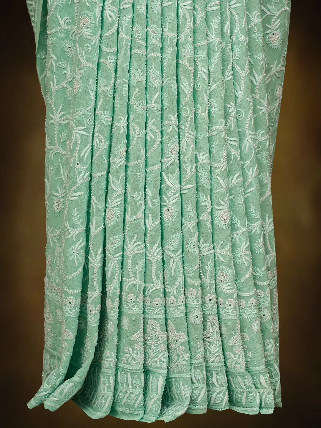 Ada Hand Embroidered Sea Green Pure Georgette Lucknowi Chikankari Saree and Blouse With Cutdana Work 01A540810