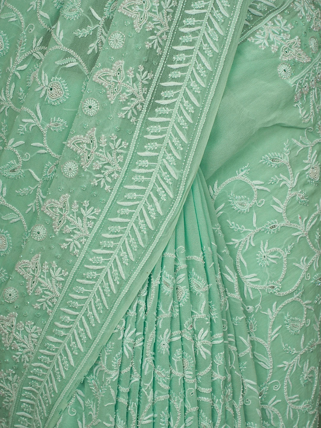 Ada Hand Embroidered Sea Green Pure Georgette Lucknowi Chikankari Saree and Blouse With Cutdana Work 01A540810