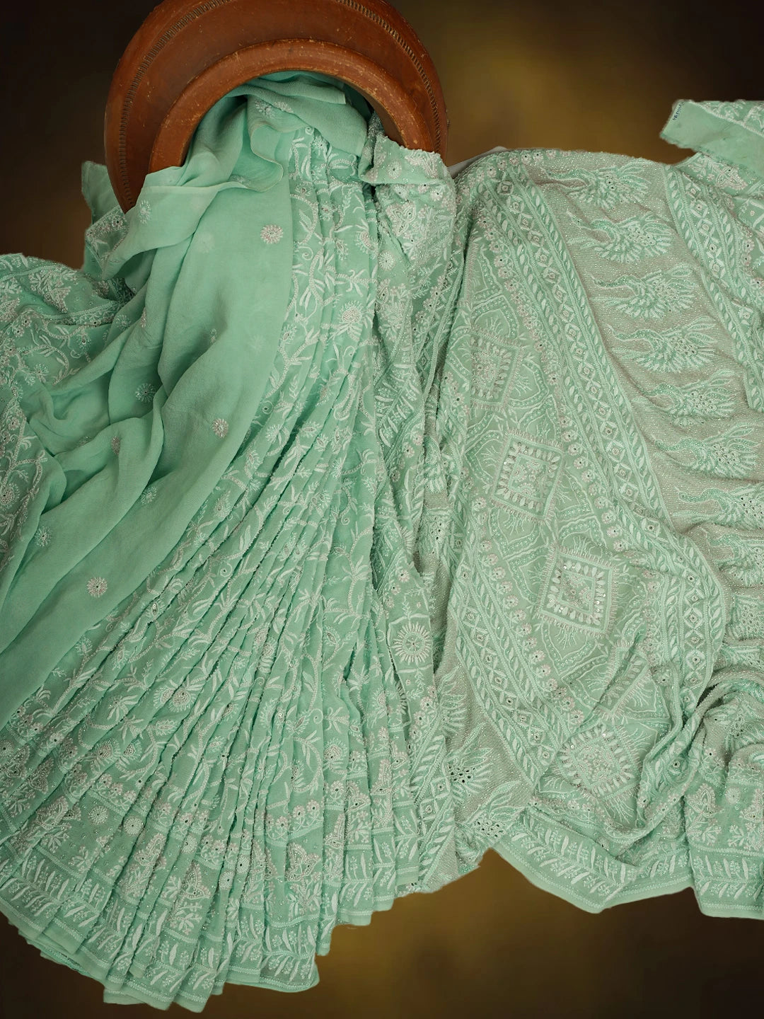 Ada Hand Embroidered Sea Green Pure Georgette Lucknowi Chikankari Saree and Blouse With Cutdana Work 01A540810