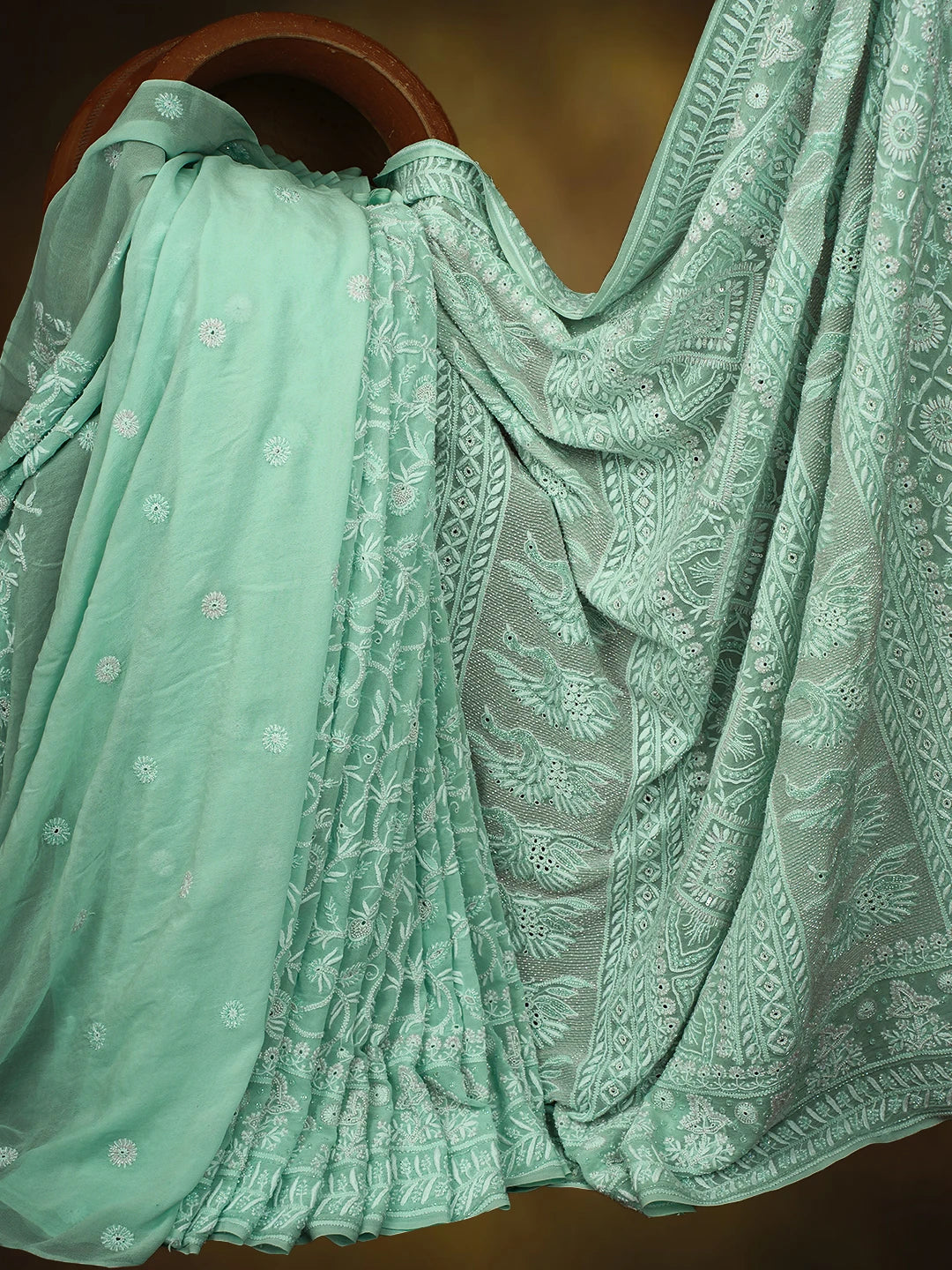 Ada Hand Embroidered Sea Green Pure Georgette Lucknowi Chikankari Saree and Blouse With Cutdana Work 01A540810