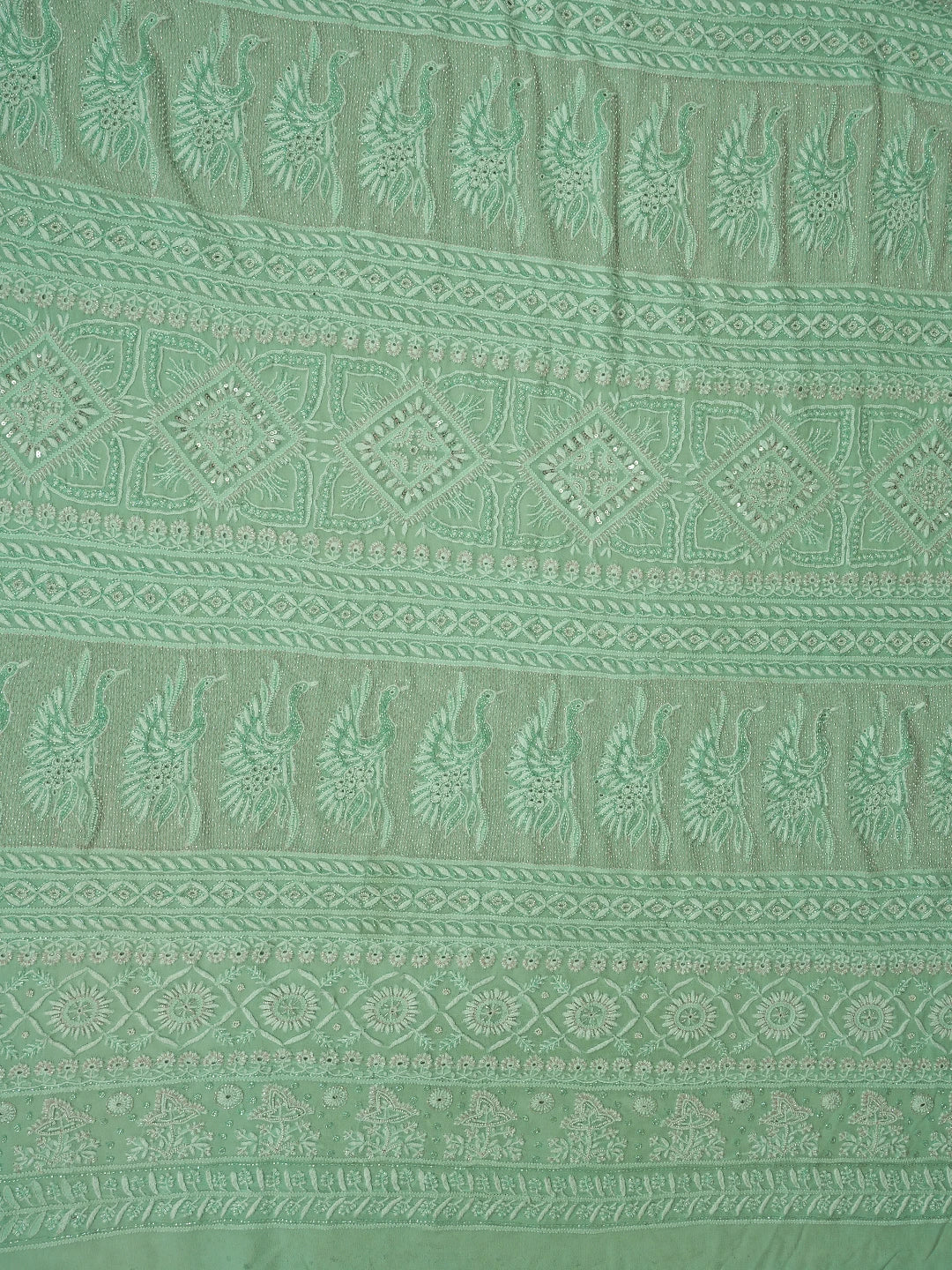 Ada Hand Embroidered Sea Green Pure Georgette Lucknowi Chikankari Saree and Blouse With Cutdana Work 01A540810