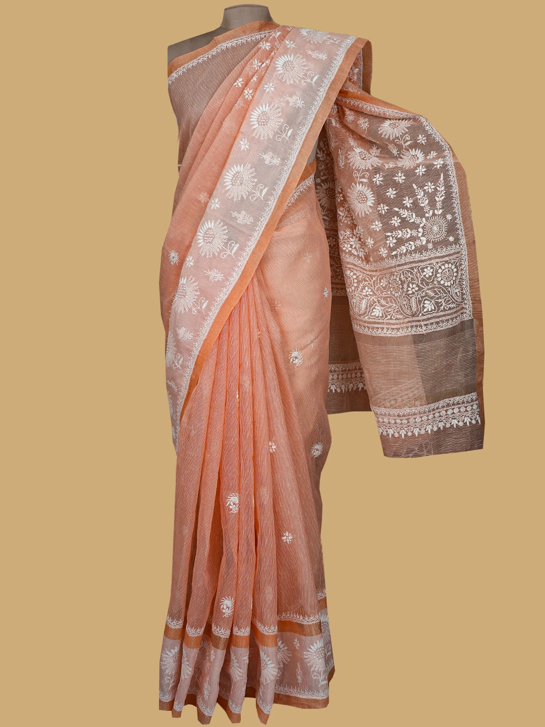 Ada Hand Embroidered Peach Chanderi Lucknowi Chikankari Saree and Blouse 01A785682