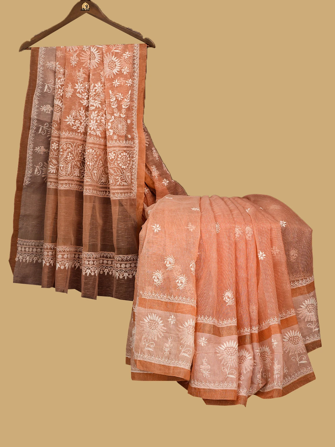 Ada Hand Embroidered Peach Chanderi Lucknowi Chikankari Saree and Blouse 01A785682