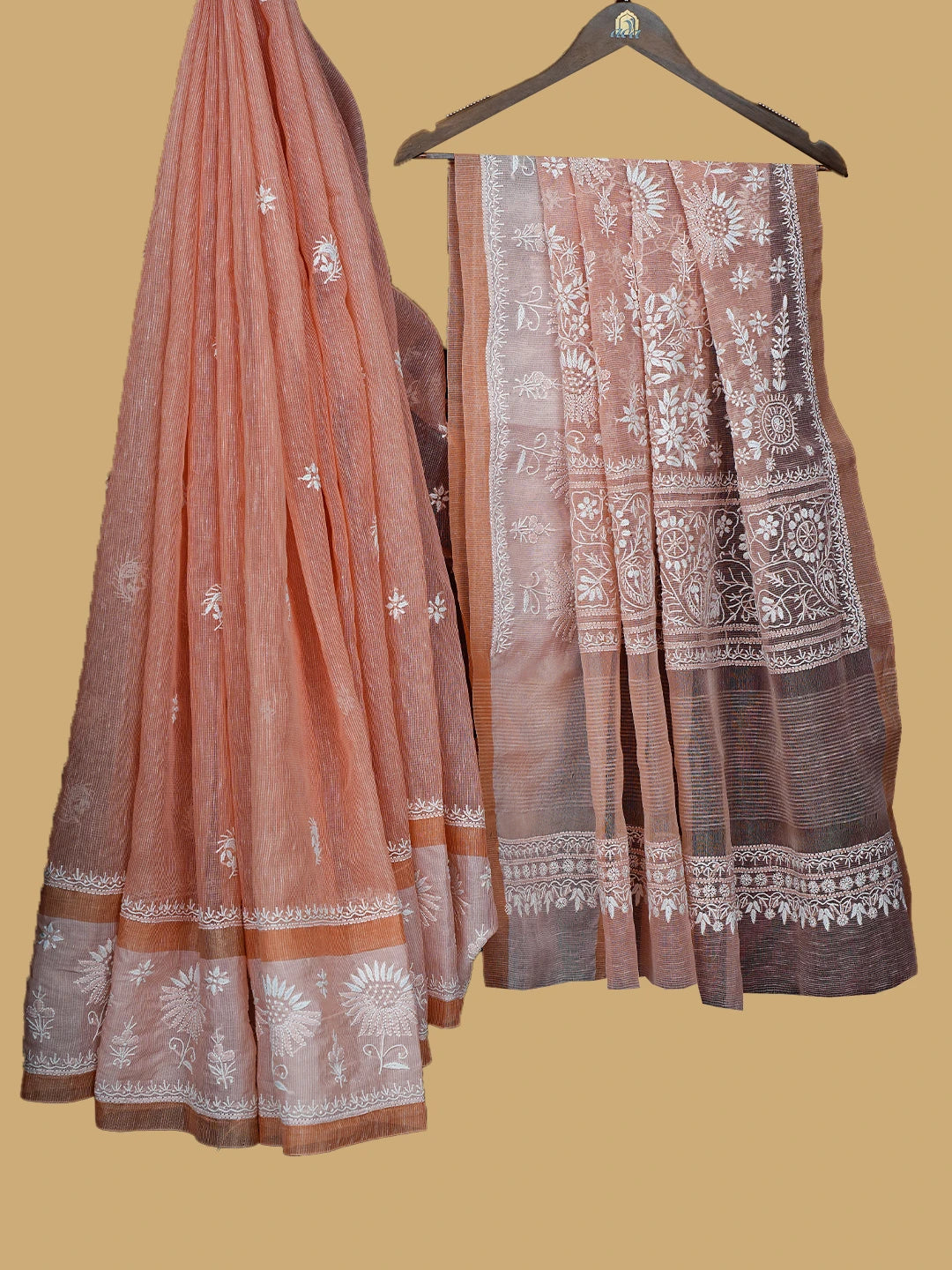 Ada Hand Embroidered Peach Chanderi Lucknowi Chikankari Saree and Blouse 01A785682