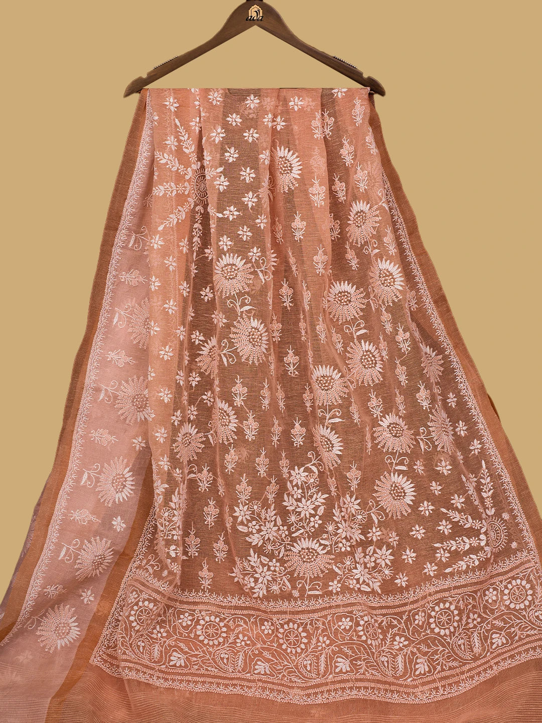 Ada Hand Embroidered Peach Chanderi Lucknowi Chikankari Saree and Blouse 01A785682