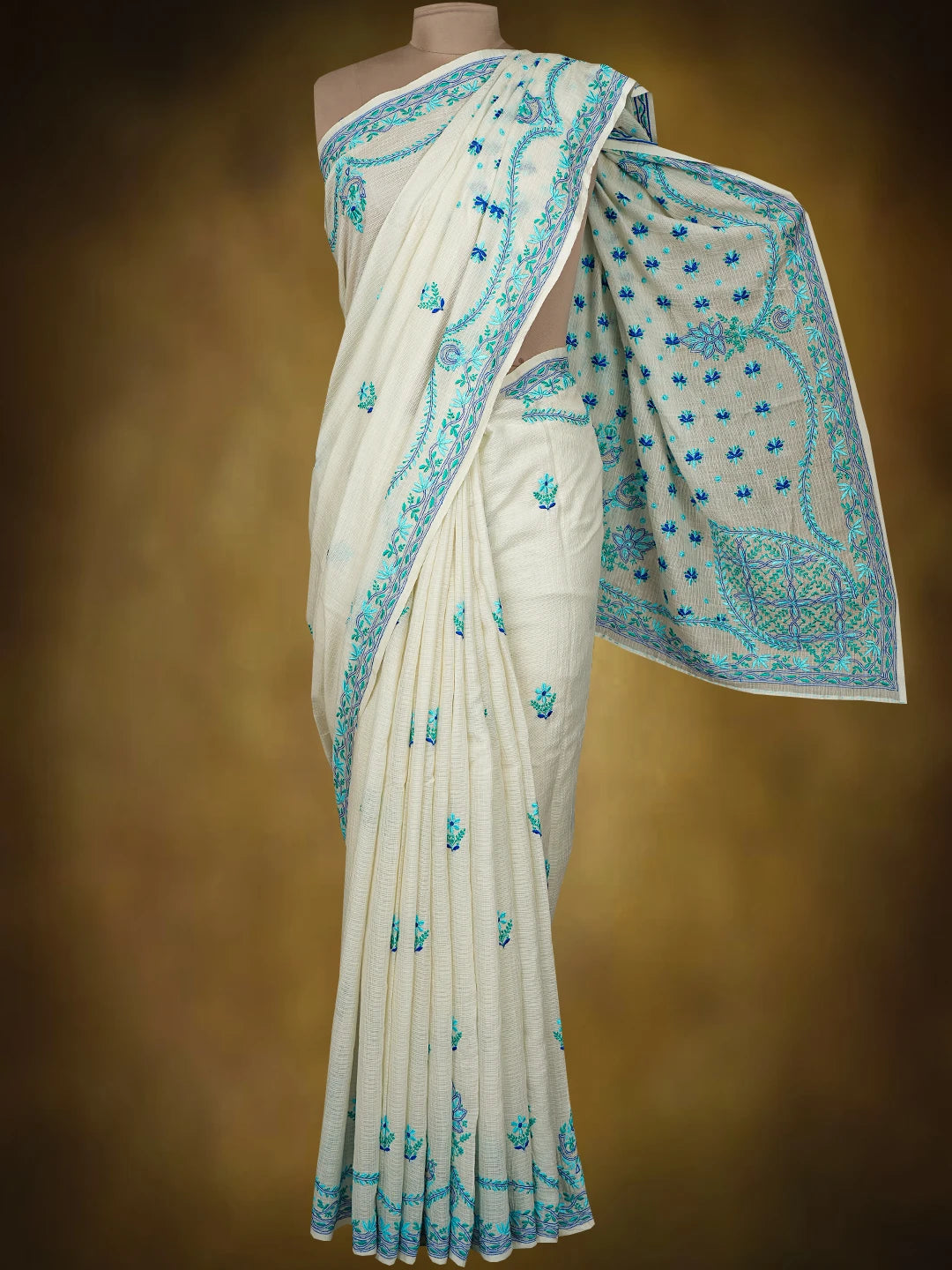 Ada Hand Embroidered Cream Kota Silk Lucknowi Chikankari Saree and Blouse 01A631647