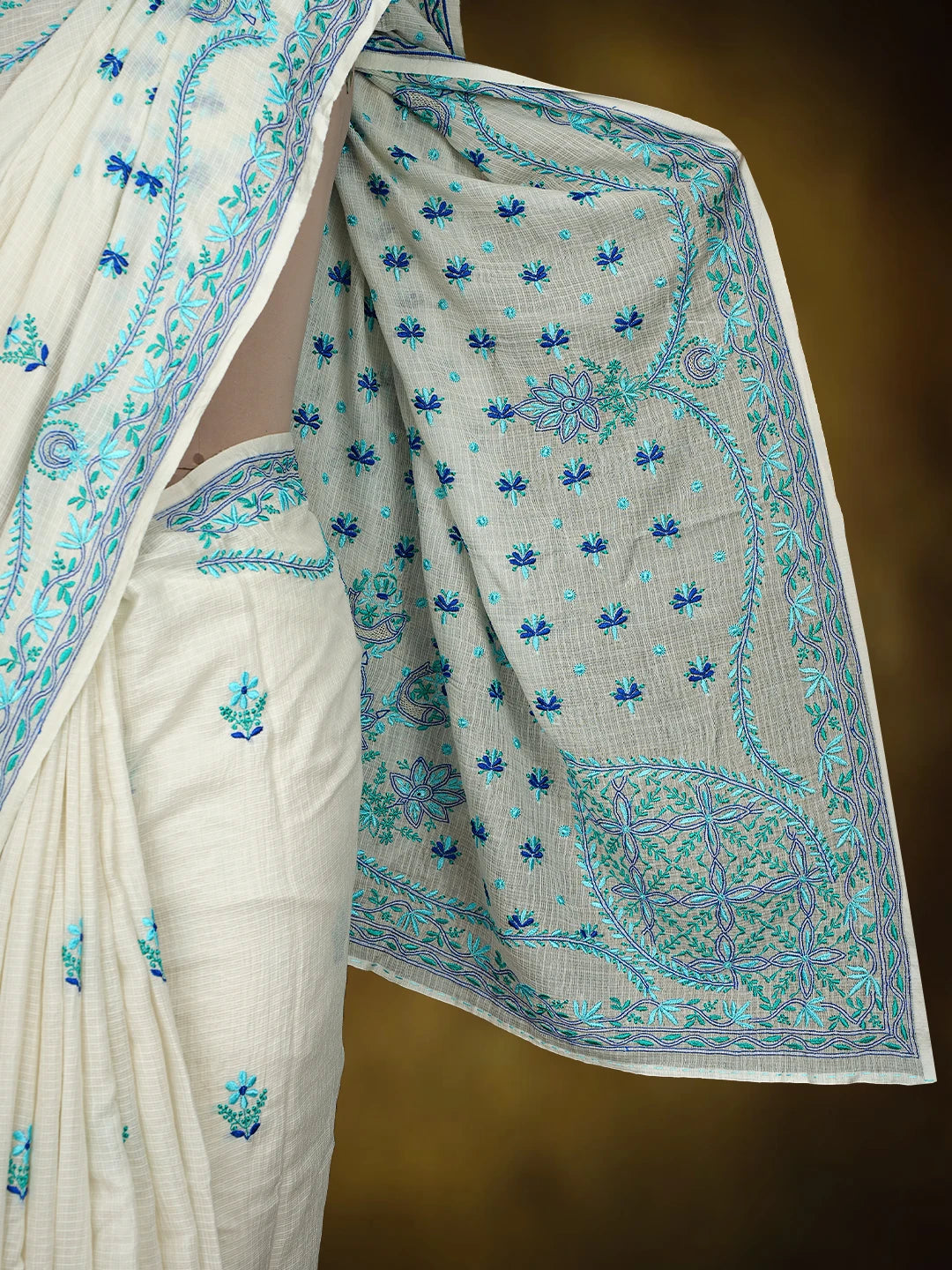 Ada Hand Embroidered Cream Kota Silk Lucknowi Chikankari Saree and Blouse 01A631647