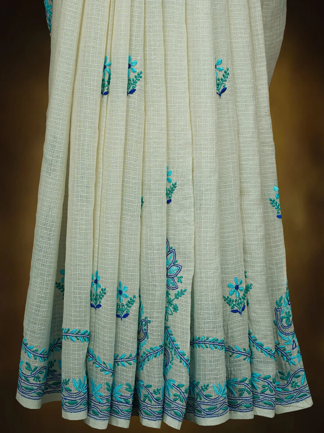 Ada Hand Embroidered Cream Kota Silk Lucknowi Chikankari Saree and Blouse 01A631647