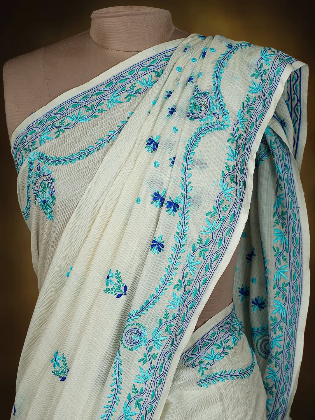 Ada Hand Embroidered Cream Kota Silk Lucknowi Chikankari Saree and Blouse 01A631647