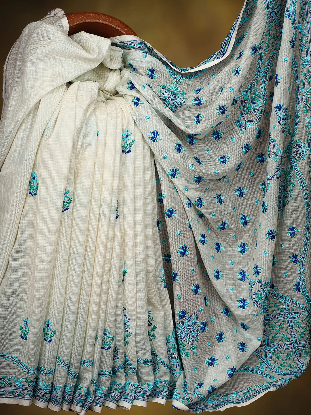 Ada Hand Embroidered Cream Kota Silk Lucknowi Chikankari Saree and Blouse 01A631647