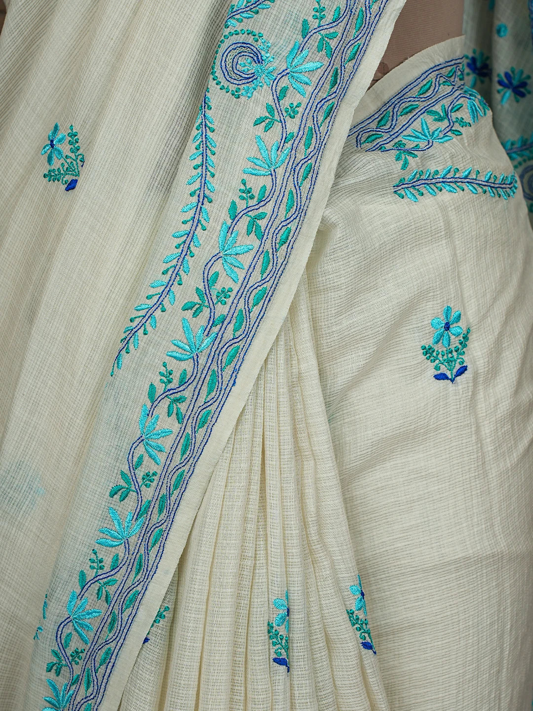 Ada Hand Embroidered Cream Kota Silk Lucknowi Chikankari Saree and Blouse 01A631647