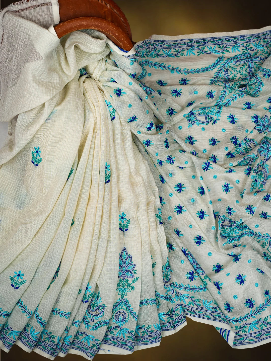 Ada Hand Embroidered Cream Kota Silk Lucknowi Chikankari Saree and Blouse 01A631647