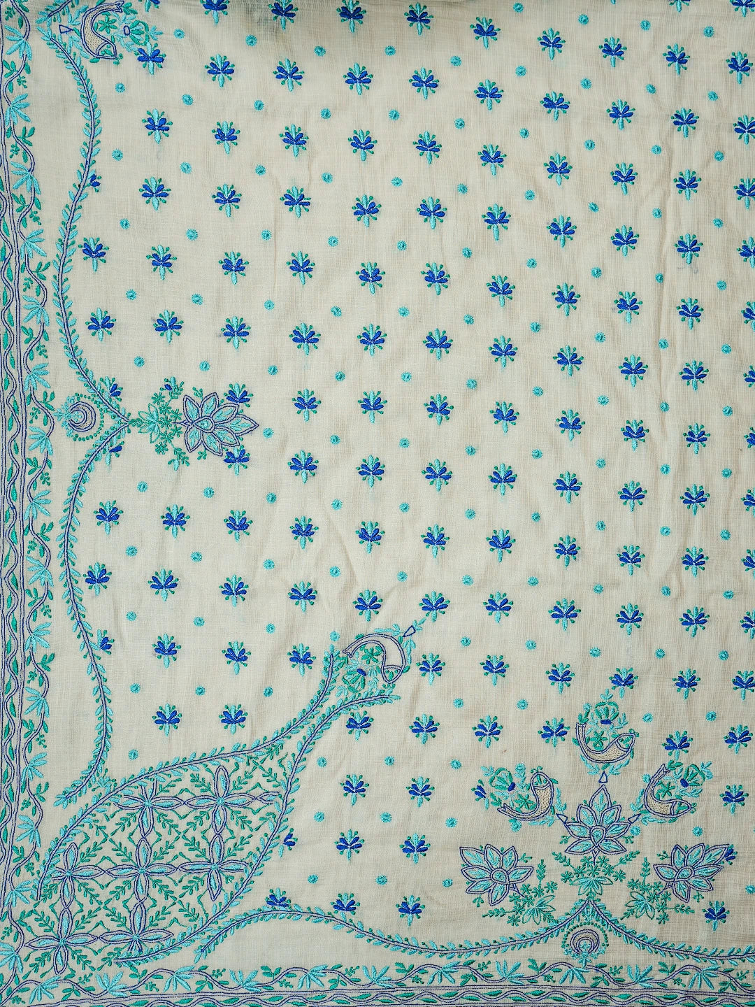 Ada Hand Embroidered Cream Kota Silk Lucknowi Chikankari Saree and Blouse 01A631647