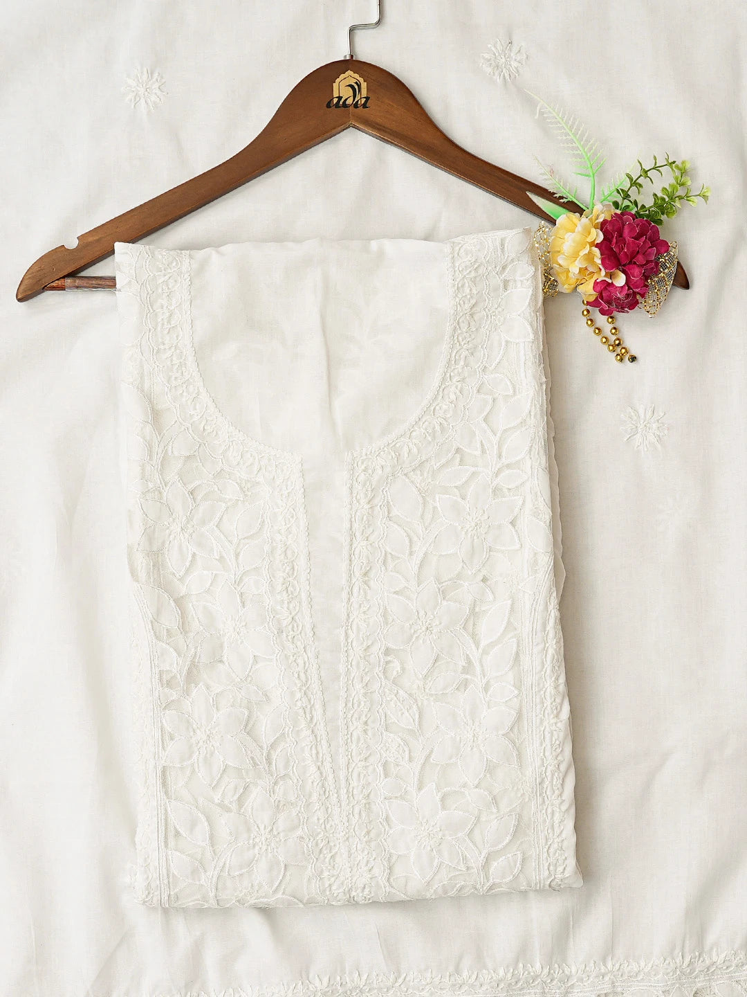 Ada Hand Embroidered White Cotton Lucknowi Chikankari Semi-Stitched Kurta Dupatta Set 01A791361