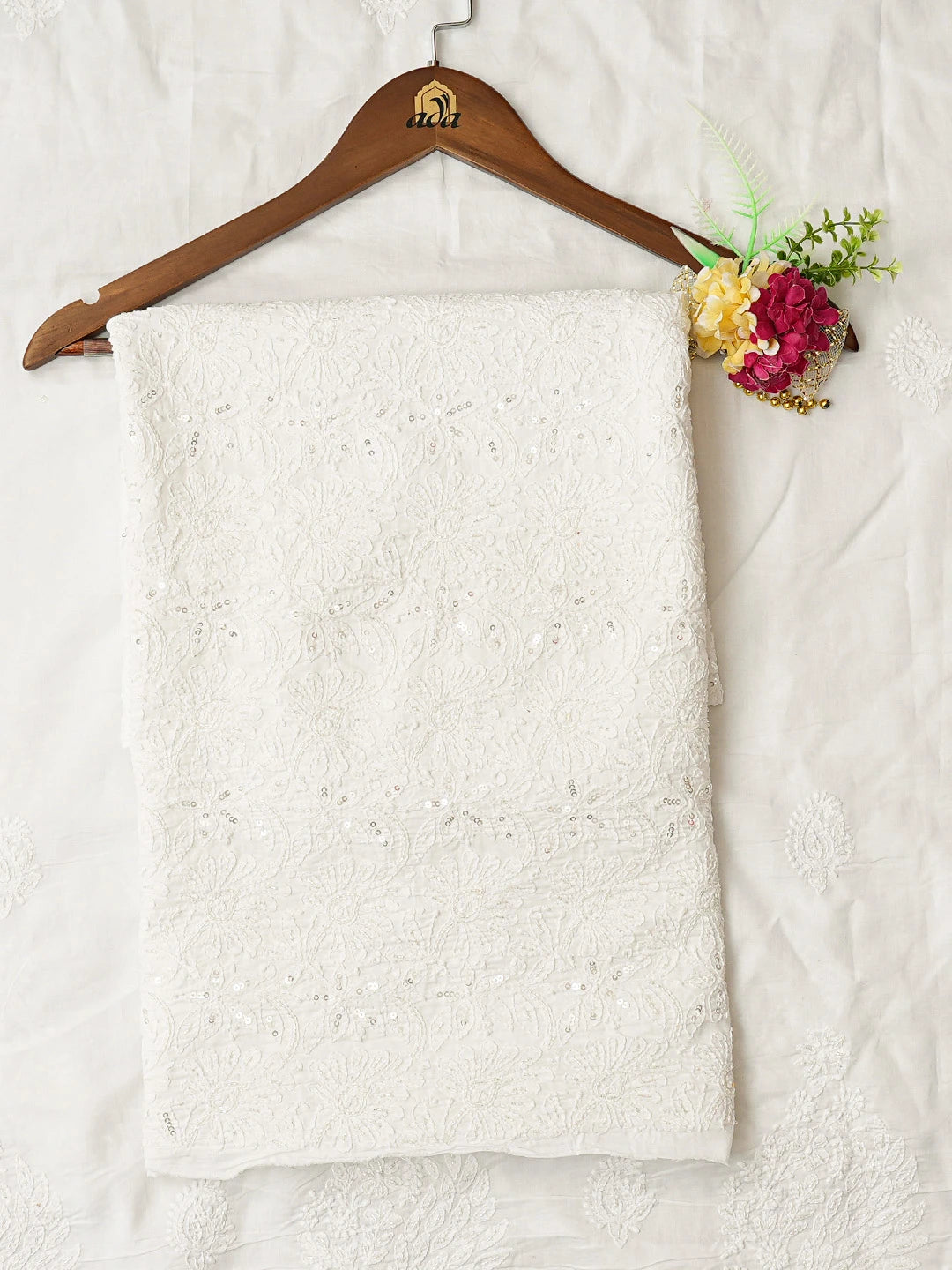 Ada Hand Embroidered White Cotton Lucknowi Chikankari Unstitched Kurta Dupatta Set With Cutdana Work 01A368120