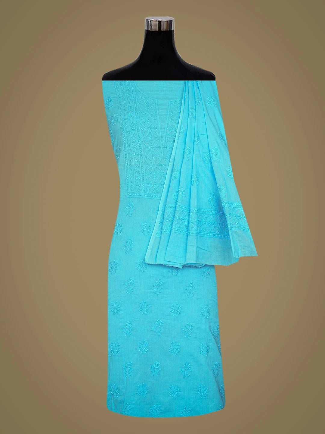 Ada Hand Embroidered Deep Sky Blue Cotton Lucknowi Chikankari Unstitched Kurta Dupatta Set 01A233578