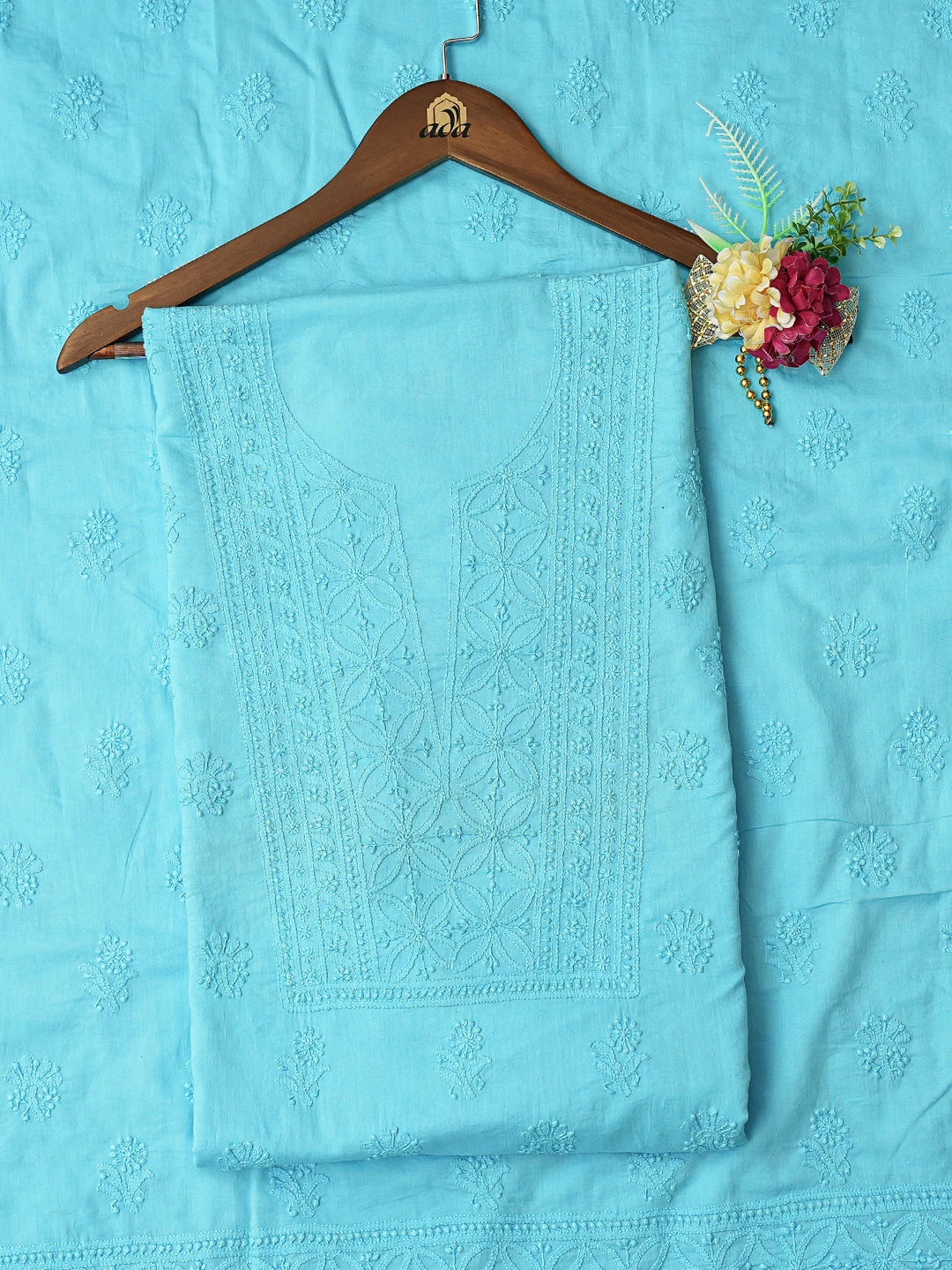 Ada Hand Embroidered Deep Sky Blue Cotton Lucknowi Chikankari Unstitched Kurta Dupatta Set 01A233578