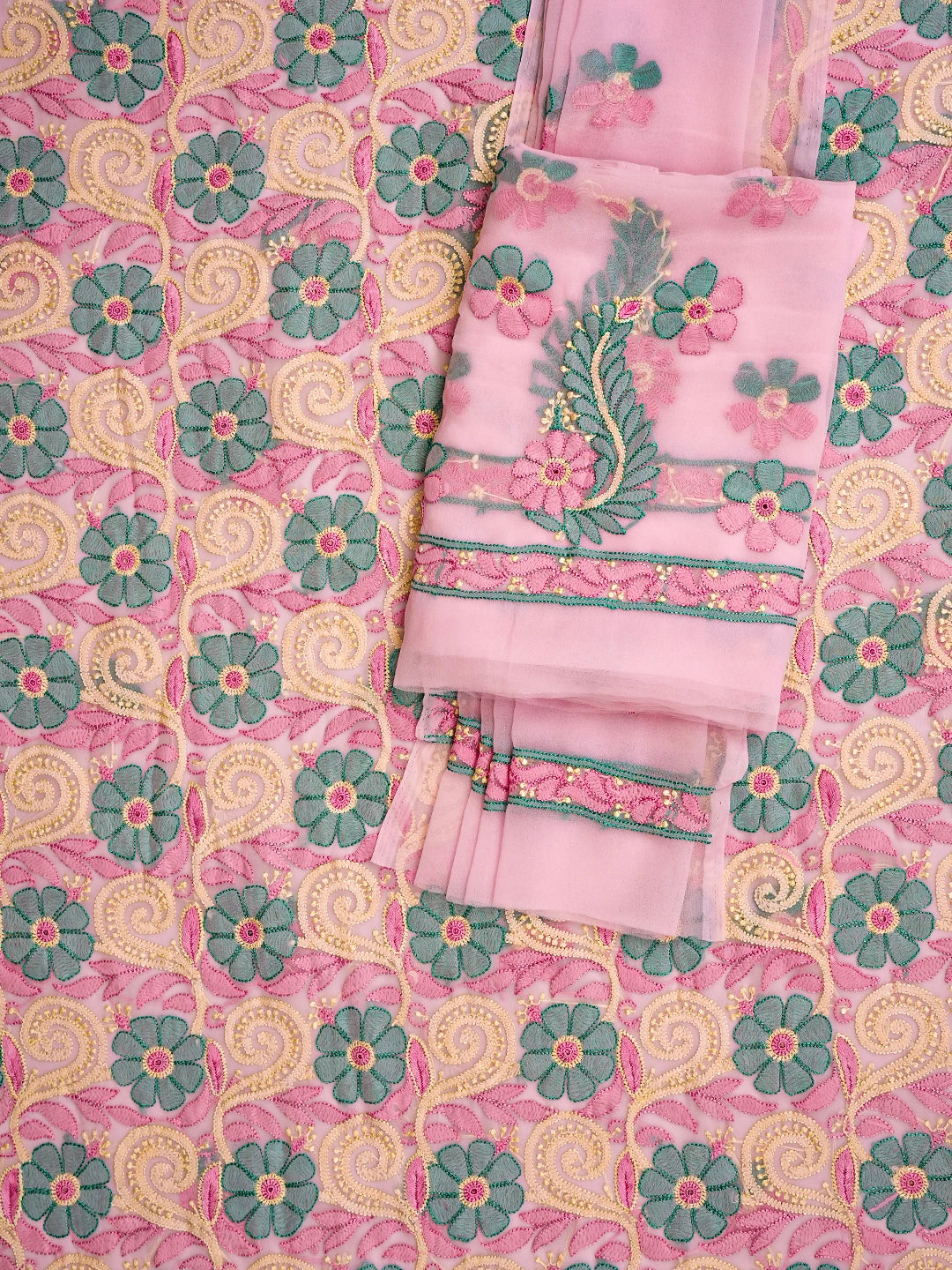 Ada Hand Embroidered Pink Georgette Lucknowi Chikankari Unstitched Suit Piece 01A779854