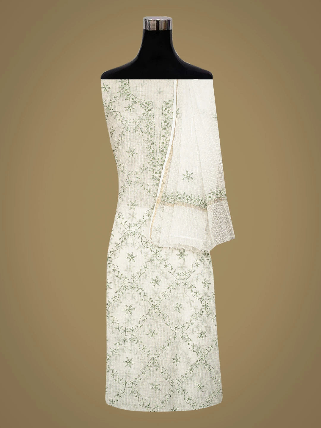 Ada Hand Embroidered White Kota Lucknowi Chikankari Unstitched Kurta Dupatta Set 01A643998