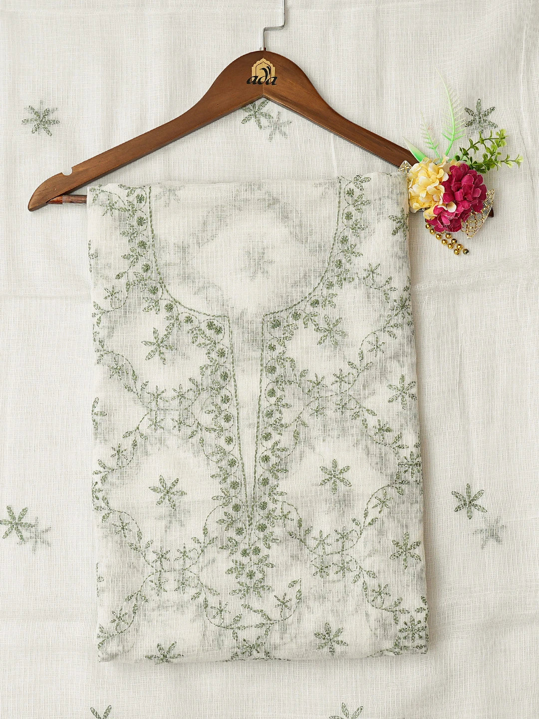Ada Hand Embroidered White Kota Lucknowi Chikankari Unstitched Kurta Dupatta Set 01A643998
