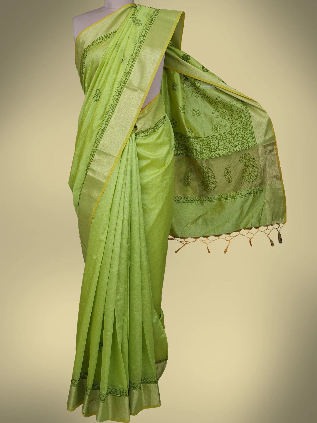 Ada Hand Embroidered Lime Green Chanderi Lucknowi Chikankari Saree and Blouse 01A780610