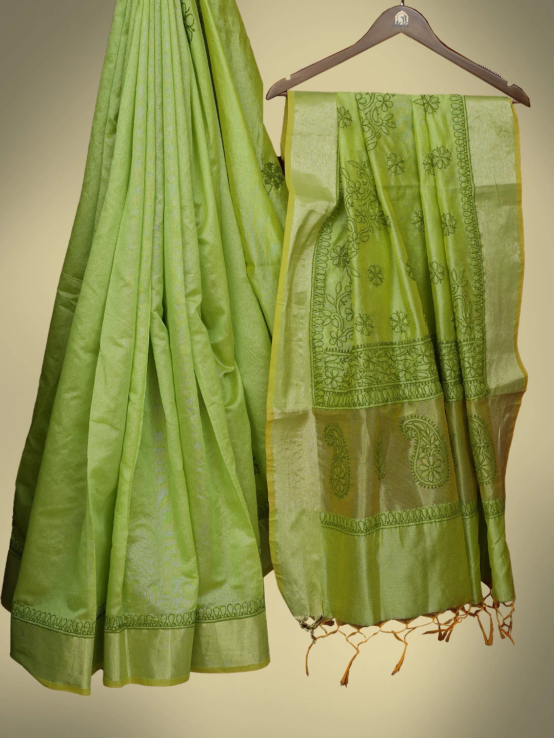 Ada Hand Embroidered Lime Green Chanderi Lucknowi Chikankari Saree and Blouse 01A780610