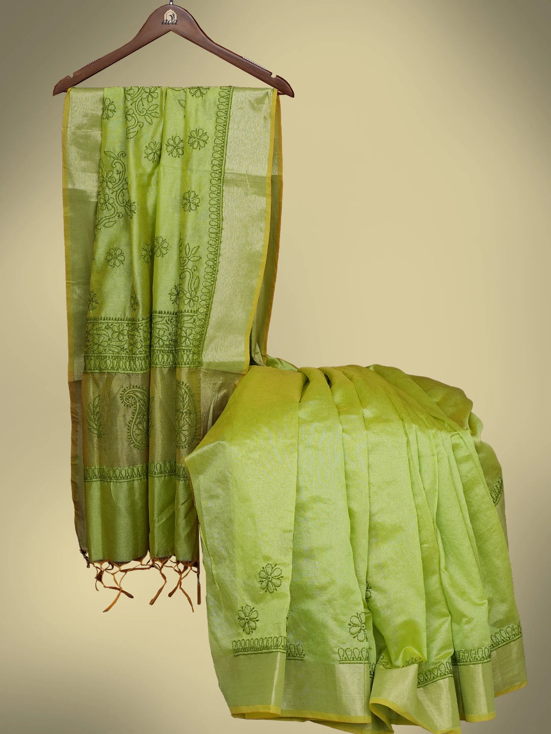 Ada Hand Embroidered Lime Green Chanderi Lucknowi Chikankari Saree and Blouse 01A780610