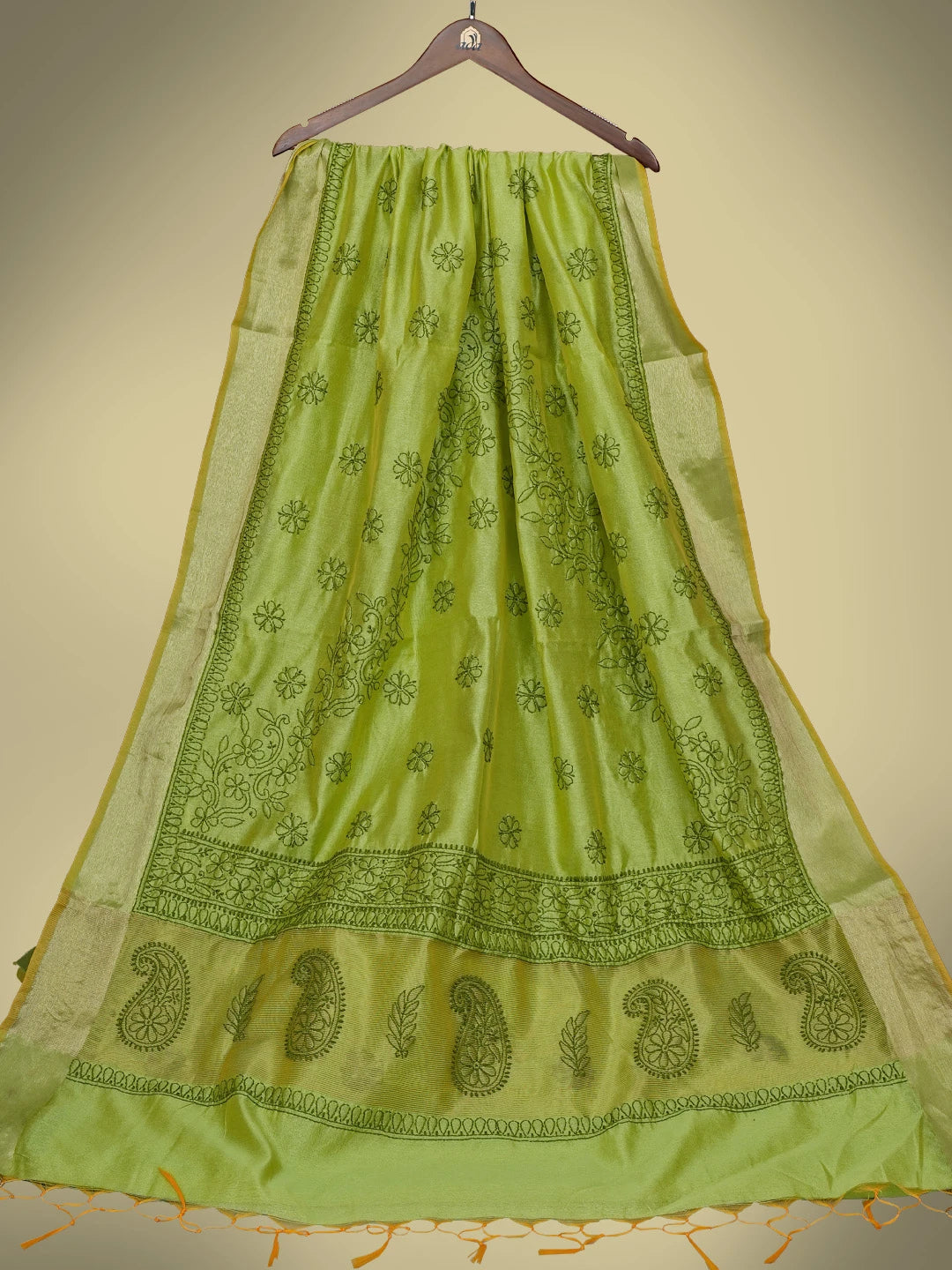 Ada Hand Embroidered Lime Green Chanderi Lucknowi Chikankari Saree and Blouse 01A780610