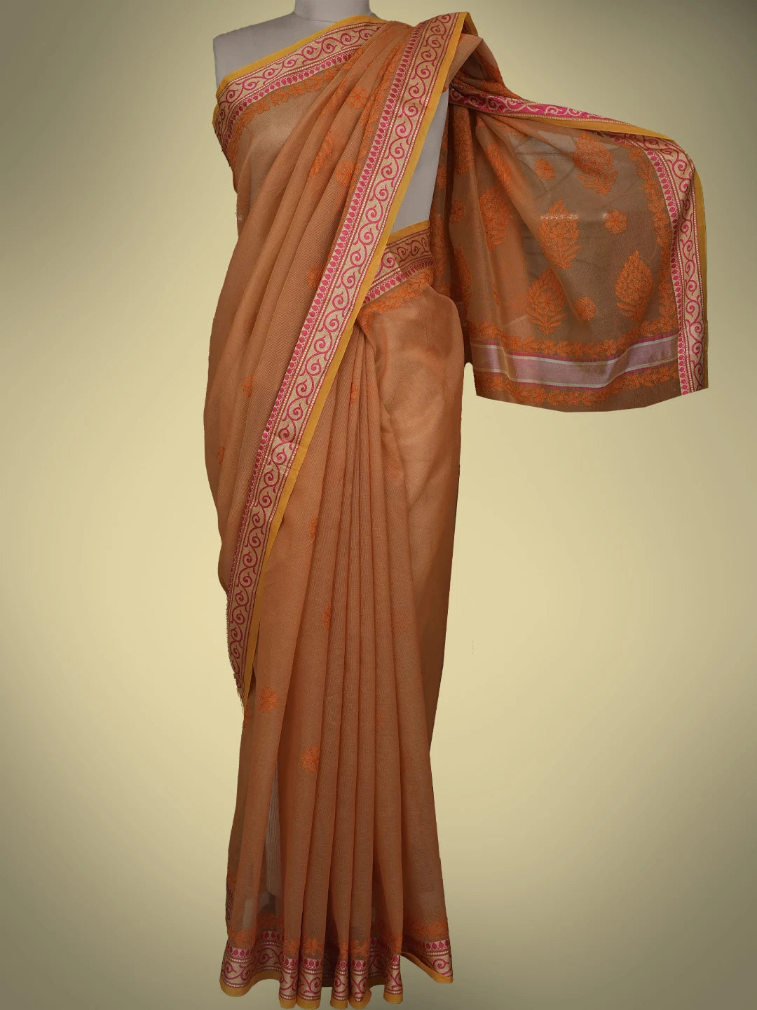 Ada Hand Embroidered Rust Chanderi Lucknowi Chikankari Saree and Blouse 01A377785