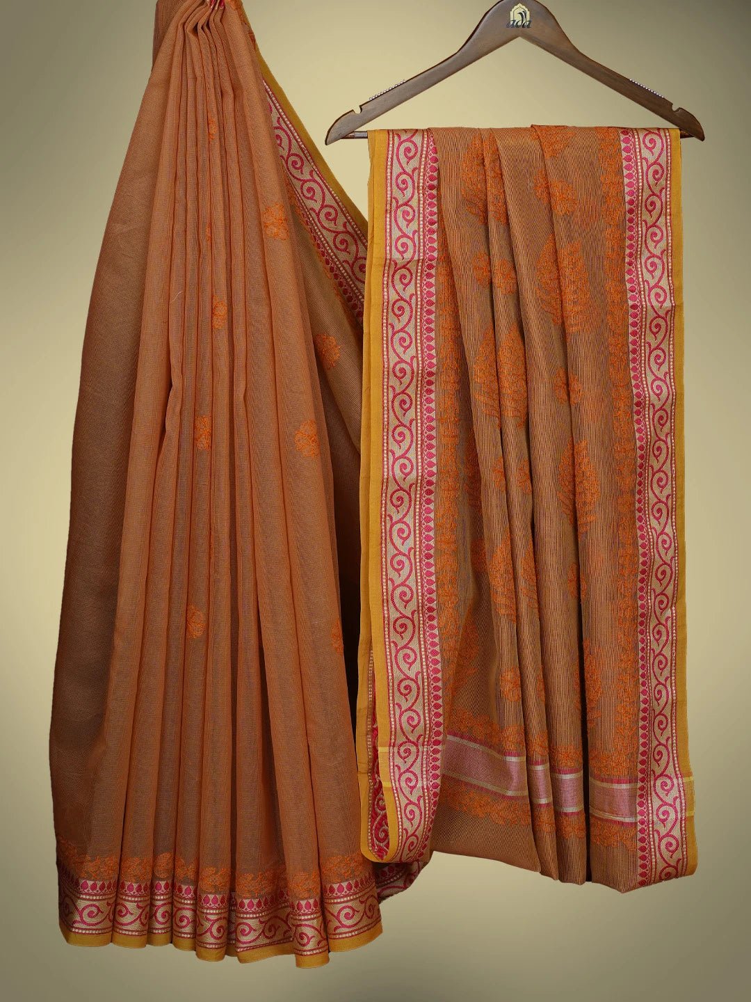 Ada Hand Embroidered Rust Chanderi Lucknowi Chikankari Saree and Blouse 01A377785