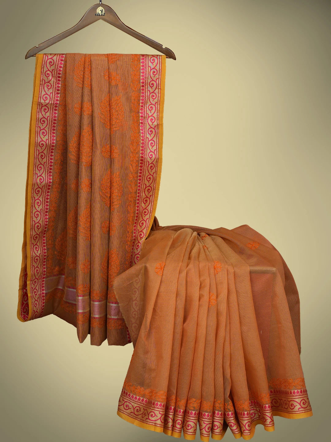 Ada Hand Embroidered Rust Chanderi Lucknowi Chikankari Saree and Blouse 01A377785